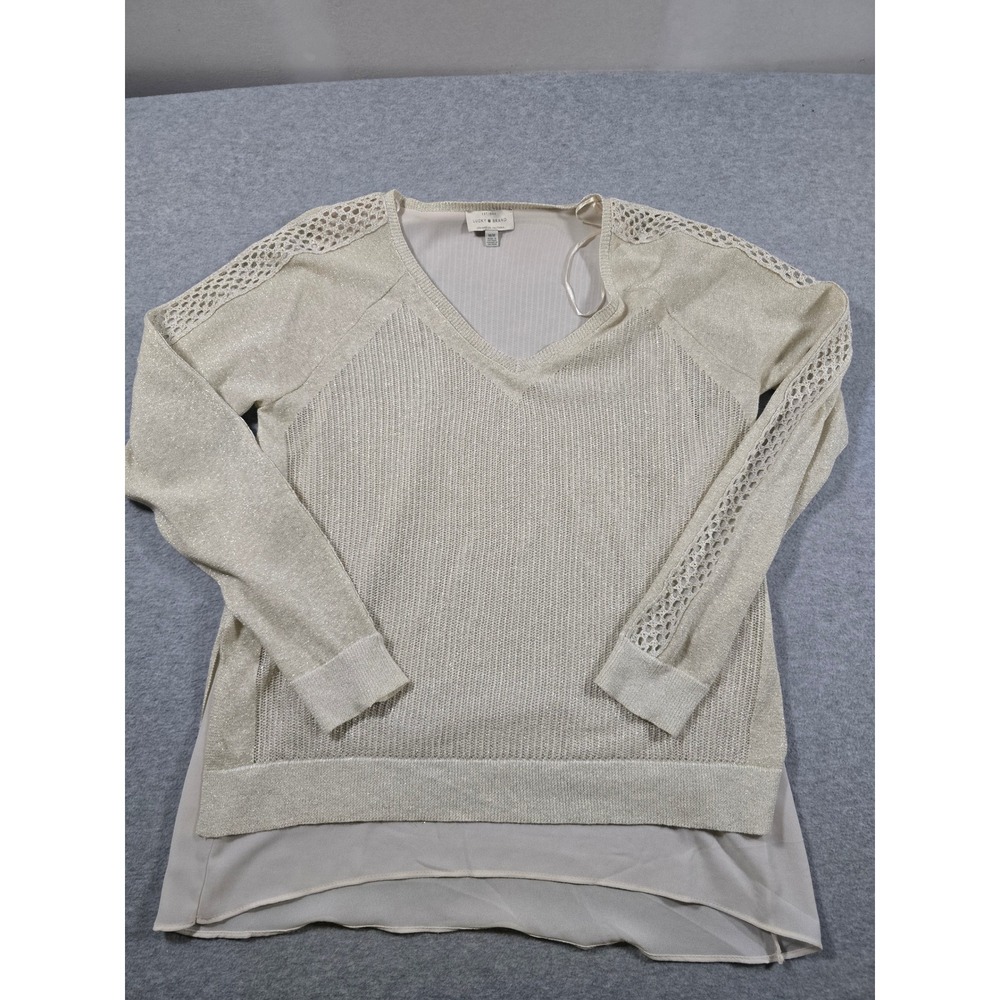 Lucky Brand Metallic Linen Blend Layered Chiffon Hem Sweater Gold V-Neck Medium
